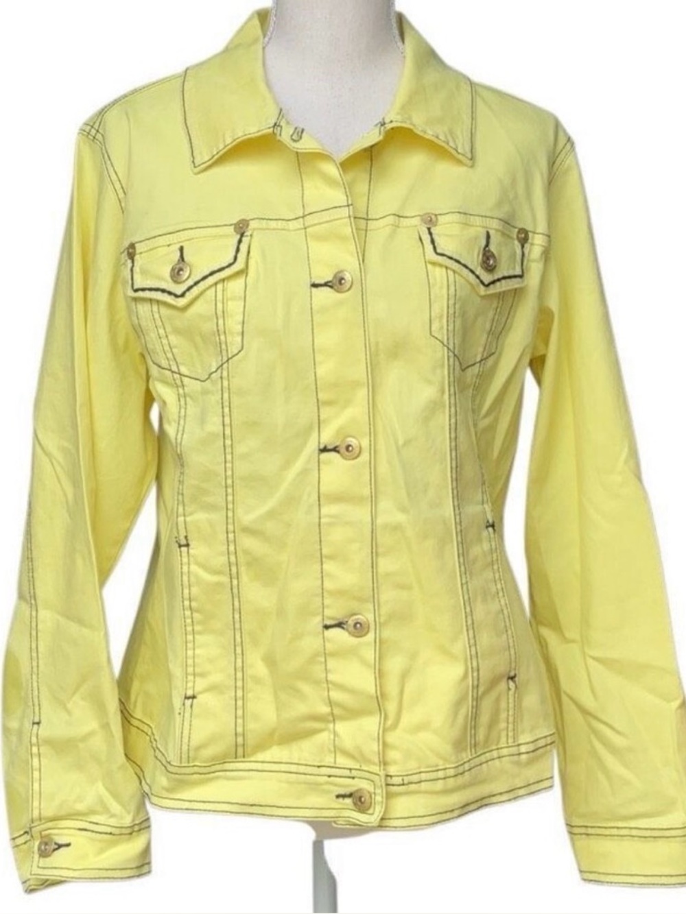 DG2 by Diane Gilman Pale Yellow Denim Jacket with Contrast Black Stitching